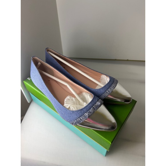 Kate Spade Nelly Denim Ballet Flats Silver Cap Toe Fringe‎ Women size 9.5 - Picture 2 of 9